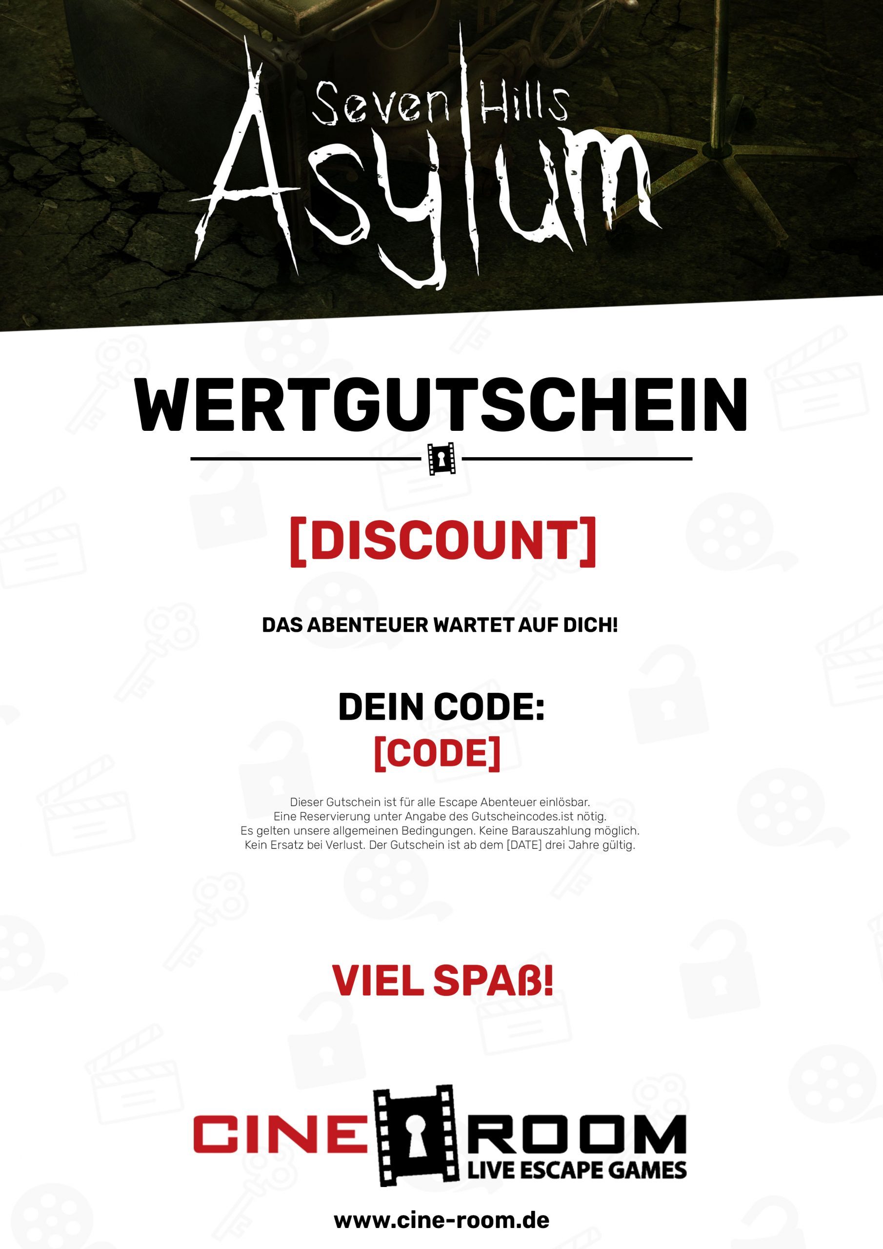 Voucher design “Seven Hills Asylum” – CineRoom Bamberg
