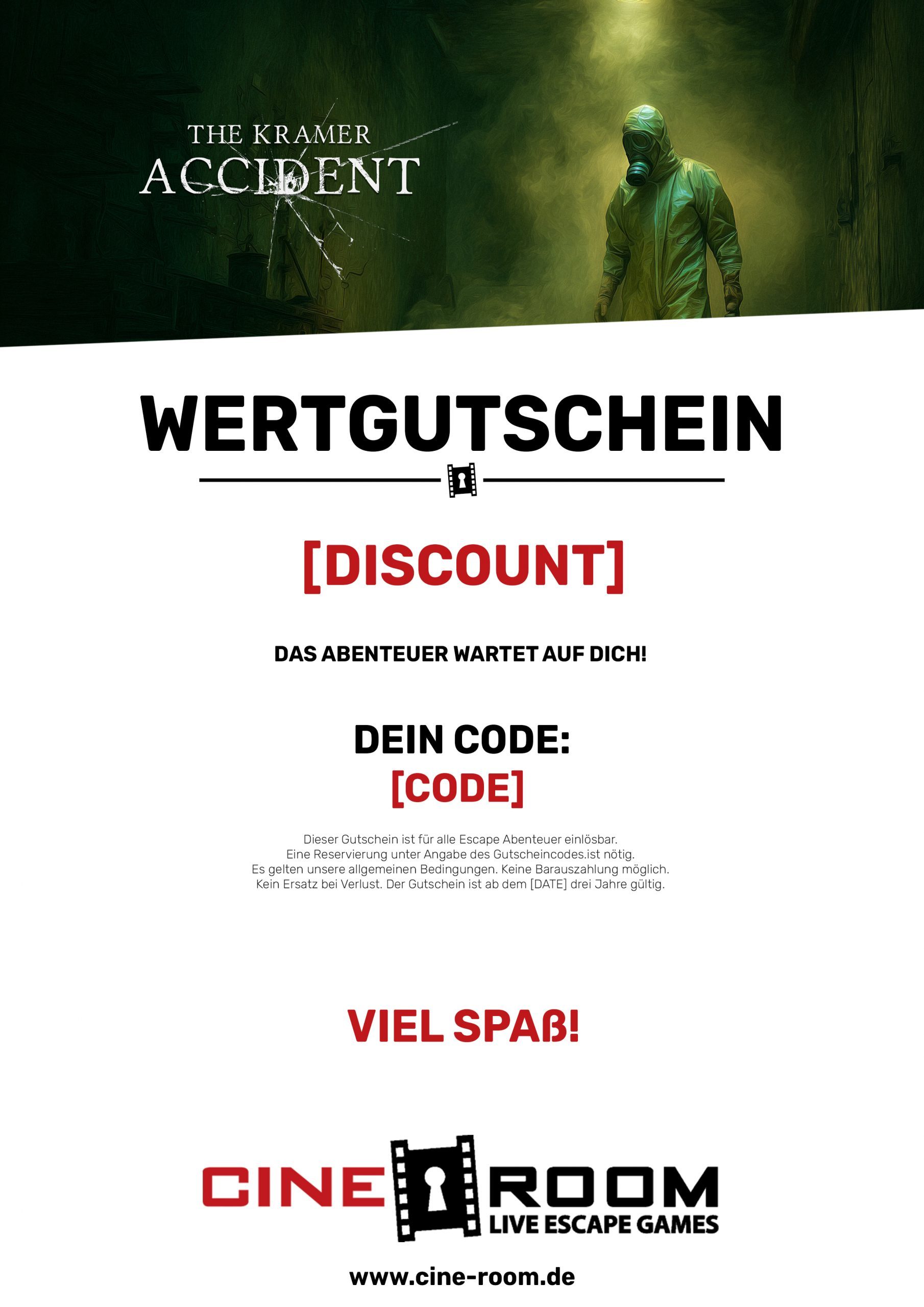 Voucher design “Online” – escape room gift voucher from CineRoom Bamberg